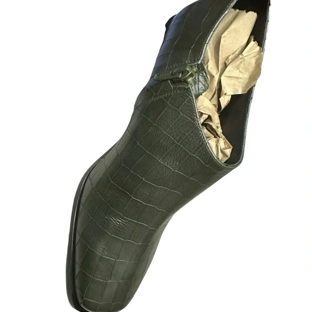 M Gemi Green Leather Ankle Booties Block Heel Size 39